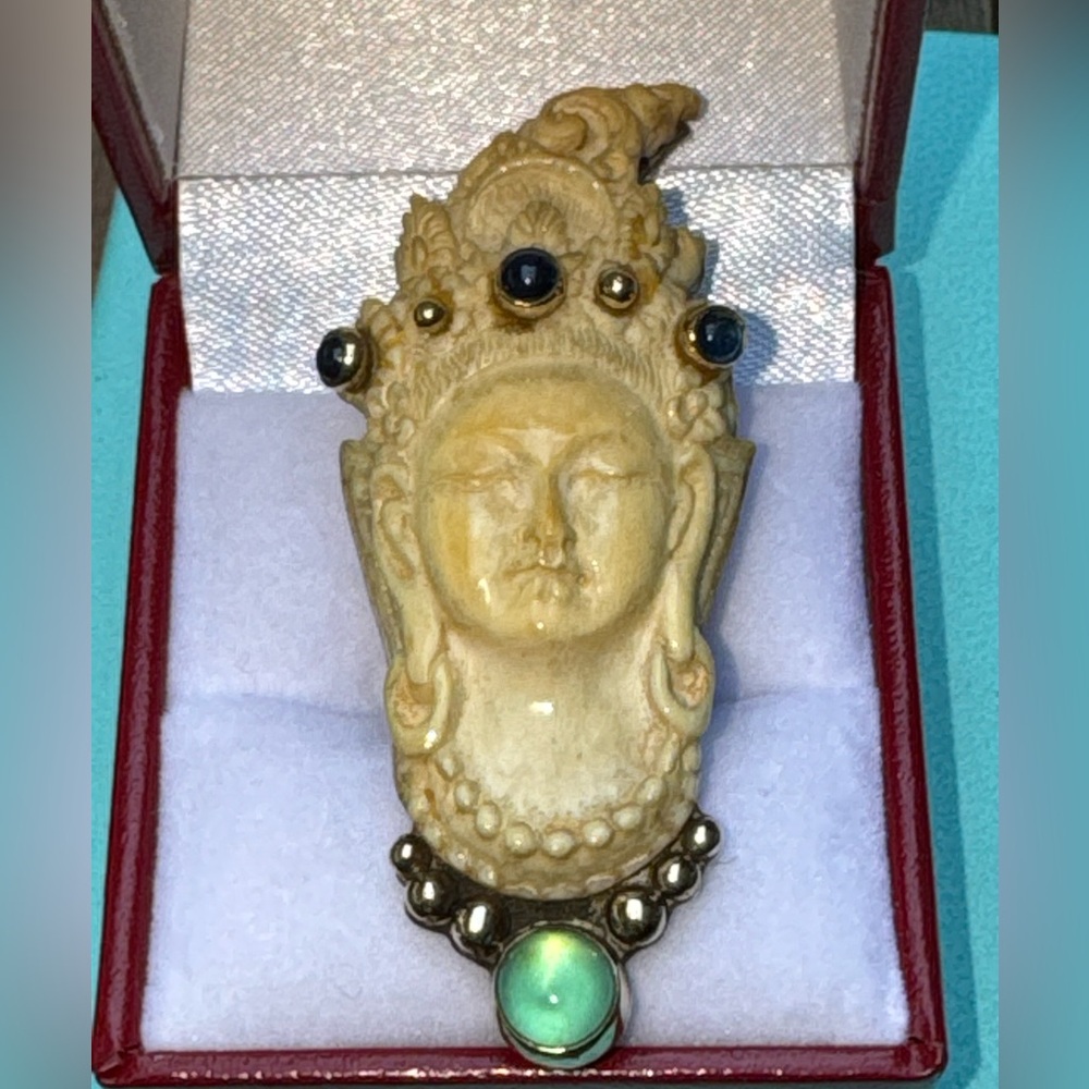 Vintage Rare Kuan Yin Pendant with sterling silver, 14k gold - signed by artist